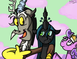 Size: 650x500 | Tagged: safe, artist:putuk, discord, queen chrysalis, screwball, changeling, changeling queen, female