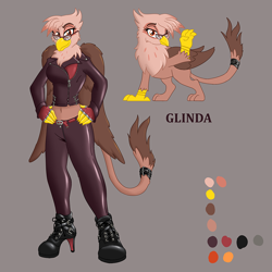 Size: 1000x1000 | Tagged: safe, artist:caroo, oc, oc only, oc:glinda gryphon, anthro, griffon, belly button, female, hand on hip, high heel boots, high heels, latex, midriff, reference sheet, solo, tailcuff