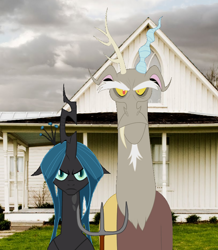 Size: 688x790 | Tagged: safe, discord, queen chrysalis, changeling, changeling queen, american gothic, equestrian gothic, female, parody