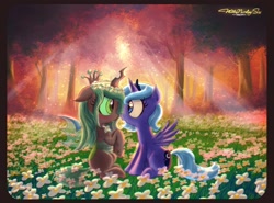 Size: 2036x1510 | Tagged: safe, artist:willisninety-six, princess luna, queen chrysalis, alicorn, changeling, changeling queen, nymph, pony, :o, backlighting, blushing, chrysaluna, crepuscular rays, cute, cutealis, eye contact, female, filly, first contact, floppy ears, floral head wreath, flower, flower in hair, forest, lesbian, meadow, shipping, sitting, spread wings, sunset, tree, wide eyes, woona, younger