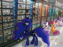 Size: 1280x960 | Tagged: dead source, safe, artist:wolfjava, princess cadance, princess luna, scootaloo, sweetie belle, alicorn, pony, gamer luna, ponies in real life, shadow, shelf, vector, video game, walmart