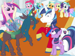 Size: 1024x768 | Tagged: safe, artist:swanlullaby, applejack, fluttershy, pinkie pie, princess cadance, queen chrysalis, rainbow dash, rarity, shining armor, twilight sparkle, alicorn, changeling, changeling queen, earth pony, pegasus, pony, unicorn, a canterlot wedding, alternate timeline, female, kiss me, mane six