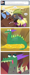 Size: 900x2246 | Tagged: safe, artist:tarajenkins, baff, crackle, fume, queen chrysalis, spear (dragon), changeling, changeling queen, dragon, clump, cupidite, disguise, disguised changeling, gronkle, obtrusive watermark, teenaged dragon, watermark