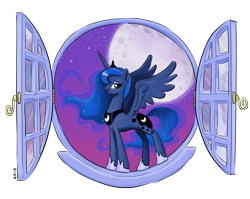 Size: 1280x1019 | Tagged: safe, artist:king-kakapo, princess luna, alicorn, pony, female, looking at you, looking sideways, mare, moon, night, side view, solo, window