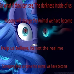 Size: 1024x1024 | Tagged: safe, artist:rebecka-chan, nightmare moon, princess luna, alicorn, pony, animal i have become, crying, lyrics, song reference, text, three days grace