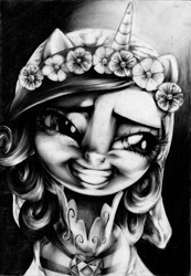 Size: 2276x3289 | Tagged: safe, artist:carlotta-guidicelli, princess cadance, queen chrysalis, alicorn, changeling, changeling queen, pony, bedroom eyes, clothes, dress, fake cadance, female, flower, flower in hair, frown, grayscale, grin, high res, monochrome, nightmare fuel, pencil drawing, smiling, smirk, solo, traditional art, uncanny valley