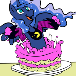 Size: 1000x1000 | Tagged: safe, artist:fauxsquared, princess luna, alicorn, pony, cake, clothes, pac-man, pop out cake, socks, solo