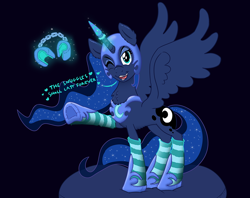 Size: 1052x833 | Tagged: safe, artist:caroo, nightmare moon, princess luna, clothes, cosplay, costume, cuffs, cute, horn sleeve, nightsnug moon, snuggles?, socks, solo, striped socks