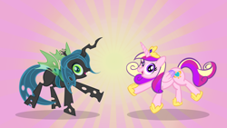 Size: 1200x675 | Tagged: safe, artist:pixelkitties, princess cadance, queen chrysalis, alicorn, changeling, changeling queen, pony, cute, cutealis, female