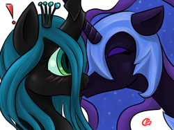 Size: 800x600 | Tagged: safe, artist:godheadharley, nightmare moon, queen chrysalis, changeling, changeling queen, blushing, chrysmoon, female, kissing, lesbian, shipping, surprise kiss