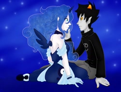 Size: 1280x977 | Tagged: safe, artist:lady-drake, princess luna, clothes, crossover, crossover shipping, female, gloves, homestuck, horned humanization, humanized, karkat vantas, male, night, sash, shipping, space, stars, straight, winged humanization