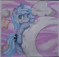 Size: 1556x1515 | Tagged: safe, artist:fluttershy1502, princess luna, alicorn, pony, crescent moon, filly, moon, s1 luna, solo, tangible heavenly object, traditional art, woona