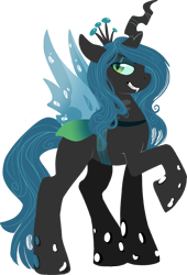 Size: 613x900 | Tagged: safe, artist:anuvia, queen chrysalis, changeling, changeling queen, fangs, female, raised hoof, simple background, smiling, solo, standing, transparent background