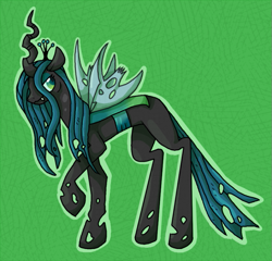 Size: 611x586 | Tagged: safe, artist:breezyrach, queen chrysalis, changeling, changeling queen, fangs, female, frown, green background, raised hoof, simple background, solo, standing