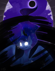 Size: 1024x1325 | Tagged: safe, artist:ellamred, princess luna, alicorn, pony, season 4, crying, darkness, glowing eyes, solo