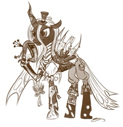 Size: 579x599 | Tagged: safe, artist:bunnimation, queen chrysalis, changeling, changeling queen, clothes, female, frown, hoof hold, monochrome, signature, simple background, smiling, solo, standing, steampunk, white background