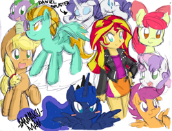 Size: 1670x1275 | Tagged: safe, artist:danmakuman, apple bloom, applejack, lightning dust, princess luna, rarity, scootaloo, spike, sunset shimmer, sweetie belle, equestria girls, cutie mark crusaders, sketch dump