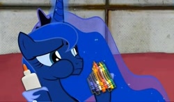 Size: 594x349 | Tagged: safe, artist:2snacks, screencap, princess luna, alicorn, pony, cannibalism, crayon, crayons, cute, eating, glue, portal (valve), portal 2, ralph wiggum, solo, the simpsons, two best sisters play