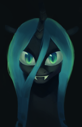 Size: 652x1010 | Tagged: safe, artist:blu-red, queen chrysalis, changeling, changeling queen, black background, bust, fangs, female, looking at you, simple background, smiling, solo