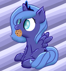 Size: 1030x1105 | Tagged: safe, artist:futaku, princess luna, alicorn, pony, cookie, cute, filly, mouth hold, solo, woona