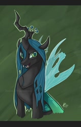 Size: 574x900 | Tagged: safe, artist:keyfeathers, queen chrysalis, changeling, changeling queen, fangs, female, frown, open mouth, signature, sitting, smiling, solo