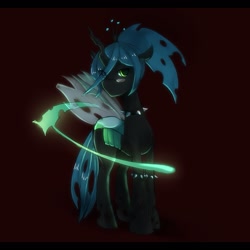 Size: 1027x1027 | Tagged: safe, artist:レイミ, queen chrysalis, changeling, changeling queen, alternate hairstyle, female, glasses, kneesocks, panty and stocking with garterbelt, pixiv, ponytail, scythe