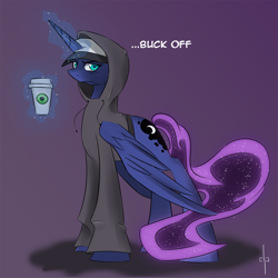 Size: 1000x1000 | Tagged: safe, artist:dream-phoenix, princess luna, alicorn, pony, cap, clothes, coffee, drink, hat, hoodie, luna-afterdark, magic, semi-vulgar, solo