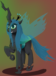 Size: 1723x2324 | Tagged: safe, artist:vicmanone, queen chrysalis, changeling, changeling queen, female, frown, raised hoof, smiling, solo, standing