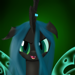 Size: 1000x1000 | Tagged: safe, artist:rodolfomushi, queen chrysalis, changeling, changeling queen, bust, fangs, female, frown, open mouth, smiling, solo