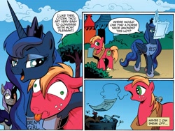 Size: 1012x761 | Tagged: safe, artist:andypriceart, idw, big macintosh, princess luna, alicorn, earth pony, pony, spoiler:comic, spoiler:comic09, clothes, comic, magic shirt, male, night guard, stallion, t-shirt