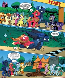 Size: 579x690 | Tagged: safe, artist:andypriceart, idw, big macintosh, carrot top, daisy, flower wishes, golden harvest, goldengrape, lemon hearts, linky, minuette, princess luna, shoeshine, sir colton vines iii, spring melody, sprinkle medley, alicorn, earth pony, pegasus, pony, unicorn, spoiler:comic, spoiler:comic09, background pony, clothes, comic, female, magic shirt, male, mare, night guard, seven-legged race, stallion, t-shirt, tug of war, unnamed pony, wheel o feet, yup