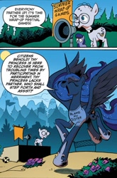 Size: 585x887 | Tagged: safe, artist:andypriceart, idw, big macintosh, mr. waddle, princess luna, alicorn, earth pony, pony, spoiler:comic, spoiler:comic09, blame my sister, clerical collar, clothes, comic, cute, elderly, female, glasses, liver spots, lunabetes, magic shirt, male, mare, megaphone, open mouth, spread wings, stallion, t-shirt, wings