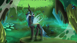 Size: 1024x576 | Tagged: safe, artist:sirzi, queen chrysalis, changeling, changeling queen, changeling hive, female, solo focus