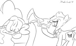 Size: 1088x665 | Tagged: safe, artist:strebiskunk, princess luna, alicorn, pony, batman, bed, crossover, dc comics, flugelhorn, lineart, monochrome, ponified, sleeping, the joker