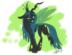 Size: 1280x985 | Tagged: safe, artist:probablyfakeblonde, queen chrysalis, changeling, changeling queen, fangs, female, grin, raised leg, signature, smiling, solo, standing