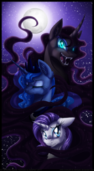 Size: 900x1633 | Tagged: safe, artist:inuhoshi-to-darkpen, nightmare moon, nightmare rarity, princess luna, rarity, alicorn, pony, unicorn, ear fluff, eyes closed, fangs, female, floppy ears, mare, moon, night, nightmare, open mouth, slit eyes