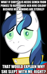 Size: 626x979 | Tagged: safe, queen chrysalis, shining armor, changeling, changeling queen, pony, unicorn, conspiracy shining armor, exploitable meme, meme