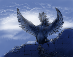 Size: 1067x847 | Tagged: safe, artist:grayma1k, princess luna, alicorn, pony, back, backlighting, hoers, ruins, scenery, sitting, solo, spread wings