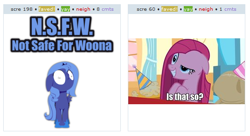 Size: 536x291 | Tagged: safe, pinkie pie, princess luna, alicorn, earth pony, pony, cute, exploitable meme, filly, juxtaposition, juxtaposition win, meme, pinkamena diane pie, woona