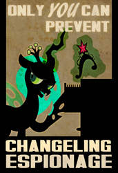 Size: 956x1400 | Tagged: safe, artist:pixelkitties, queen chrysalis, changeling, changeling queen, big crown thingy, element of magic, elements of harmony, fallout, fallout: new vegas, fangs, female, file cabinet, frown, jewelry, levitation, lineless, magic, open mouth, poster, propaganda, raised hoof, smiling, solo, standing, telekinesis, text, tiara