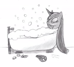 Size: 2324x2104 | Tagged: safe, artist:drchrisman, princess luna, alicorn, pony, bath, bathtub, bubble, bubble bath, claw foot bathtub, monochrome, solo, water, wet mane