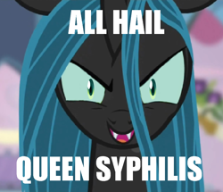 Size: 980x843 | Tagged: safe, queen chrysalis, changeling, changeling queen, female, image macro, syphilis