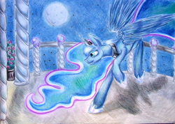 Size: 2515x1787 | Tagged: safe, artist:iceminth, princess luna, alicorn, pony, balcony, moon, night, solo, traditional art