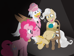 Size: 1428x1069 | Tagged: safe, artist:caroo, mayor mare, pinkie pie, oc, oc:silver quill, earth pony, pony, blushing, bondage, butt, chair, clothes, fetish, hoof tickling, laughing, open mouth, plot, rope, rope bondage, smiling, squirming, tickle torture, tickling, tied up, underhoof, uniform