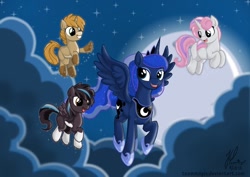 Size: 1024x724 | Tagged: safe, artist:teammagix, baby moondancer, princess luna, oc, oc:gari, oc:magpie, alicorn, pony, children of the night, flying