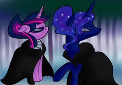 Size: 1148x797 | Tagged: safe, artist:thalilly, princess luna, twilight sparkle, alicorn, pony, cloak, clothes