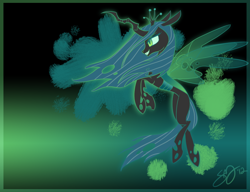 Size: 1300x1000 | Tagged: safe, artist:probablyfakeblonde, queen chrysalis, changeling, changeling queen, fangs, female, flowing mane, flying, frown, signature, smiling, solo