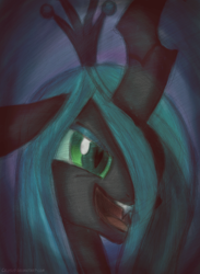 Size: 1408x1920 | Tagged: safe, artist:celysus, queen chrysalis, changeling, changeling queen, bust, fangs, female, frown, hair over one eye, open mouth, smiling, solo