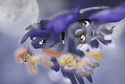 Size: 600x400 | Tagged: safe, artist:nefarious-mewtwo, princess luna, oc, oc:gari, oc:magpie, oc:spirit, alicorn, pony, children of the night, filly, flying