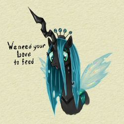 Size: 1024x1024 | Tagged: safe, artist:gela-g-i-s-gela, queen chrysalis, changeling, changeling queen, bronybait, dialogue, fangs, female, offscreen character, open mouth, solo, standing, talking
